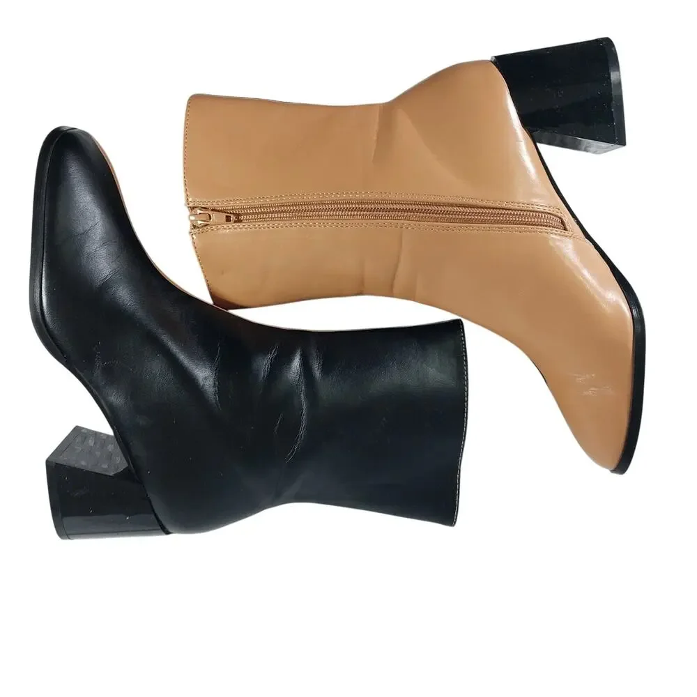 CODE Z! BLACK & TAN BEIGE SPLIT COLOR, CENTER SEAM, CHUNKY HEEL ANKLE BOOTS! 5M - Picture 6 of 12